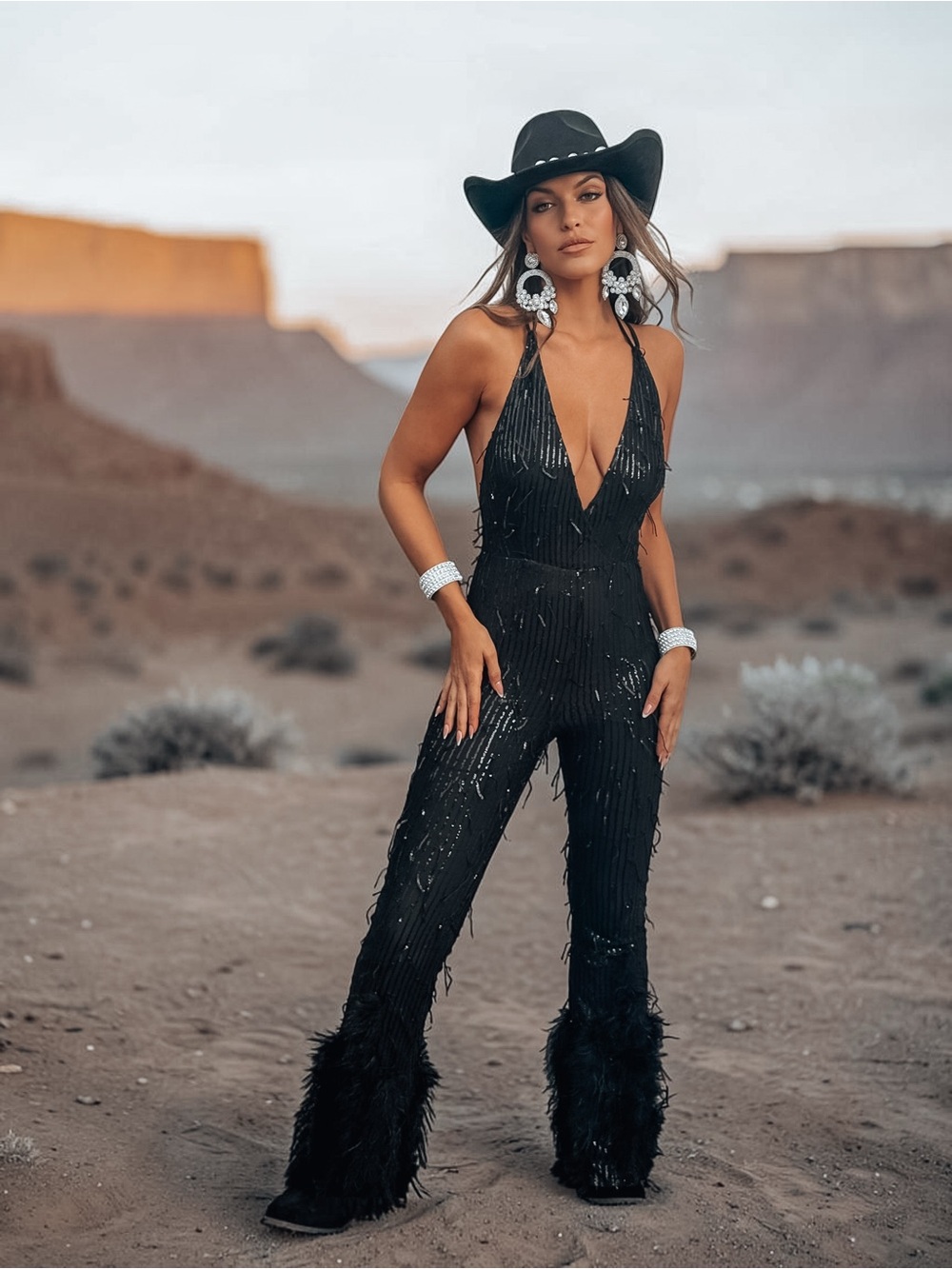 Black Sequin Fringe Jumpsuit, Feather Bell Bottom Backless Jumpsuit